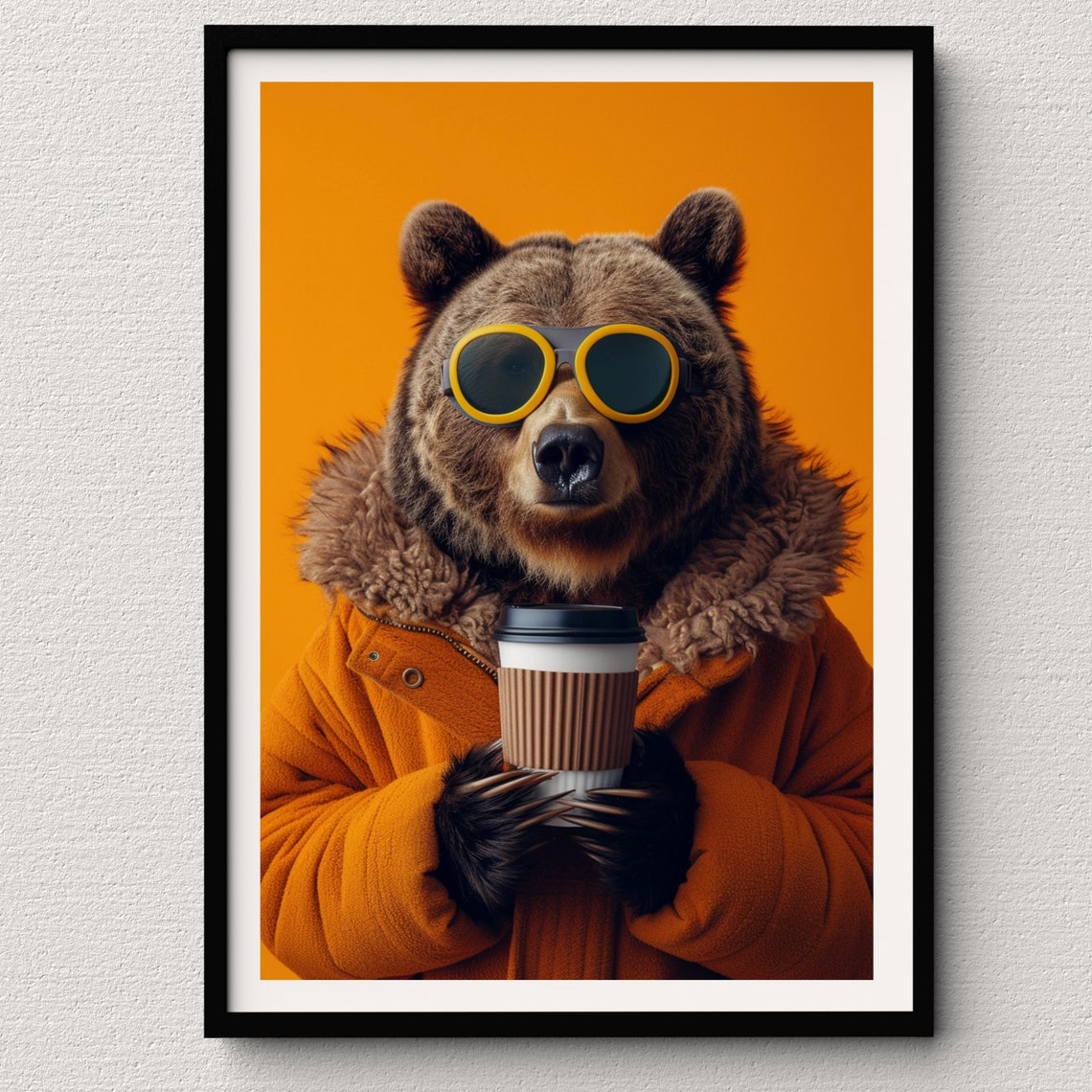 Brown Bear in Yellow Sunglasses and Orange Puffer With Coffee Poster