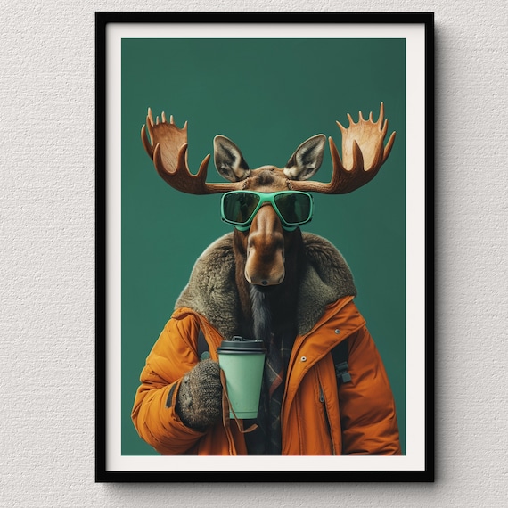 Stylish Moose With Teal Sunglasses Coffee and Orange Puffer Jacket Poster