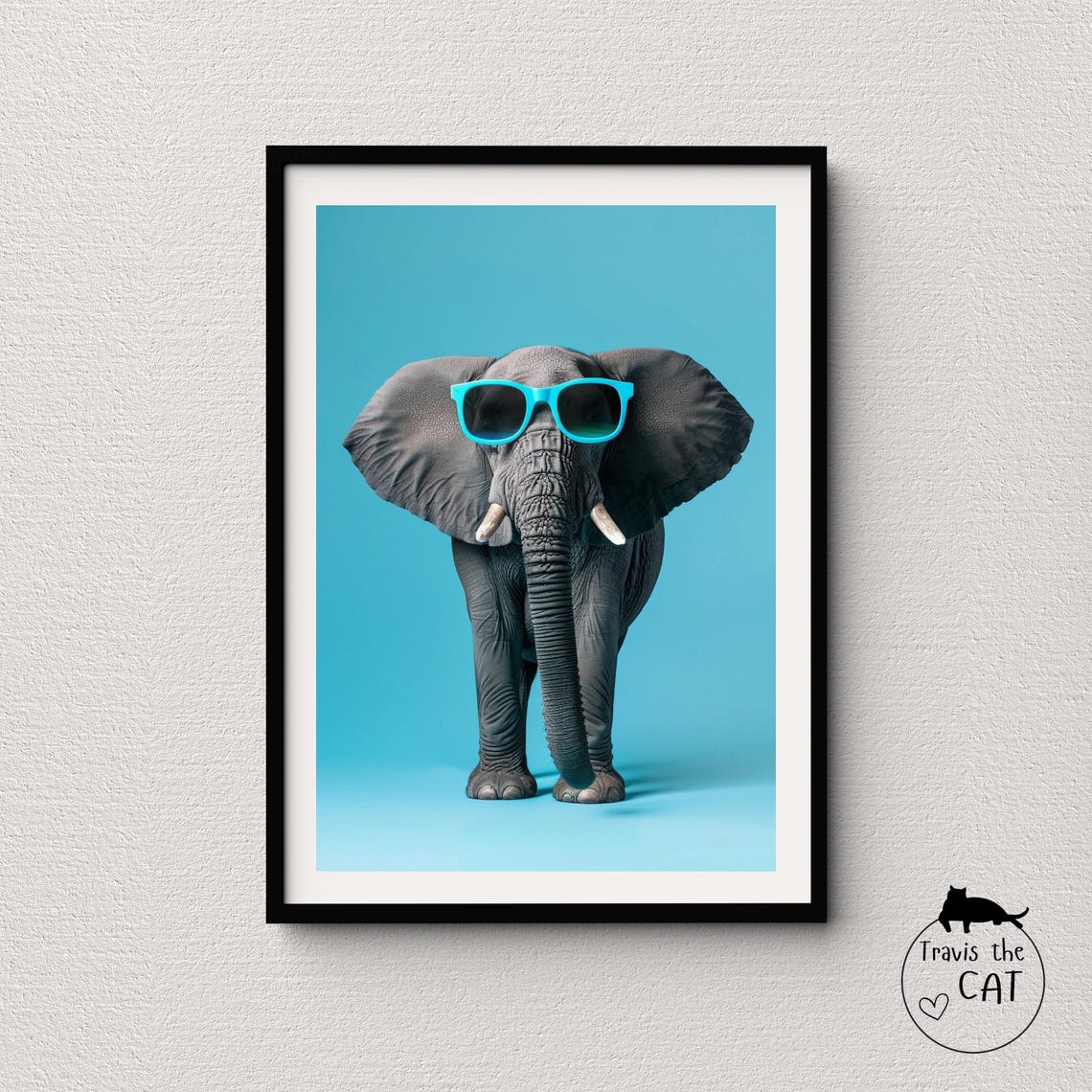 Elephant in Teal Sunglasses on Bright Blue Minimalist Animal Poster