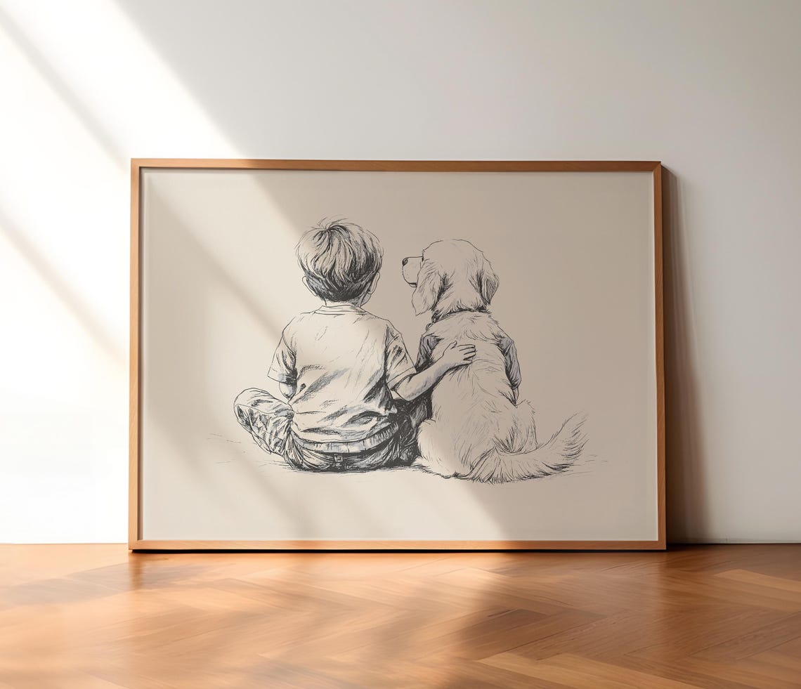 Boy And Golden Retriever Nursery Poster Dog Nursery Print Kids Room Retro Art Dog Sketch Art Neutral Dog Drawing Boys Room Decor - Image 3
