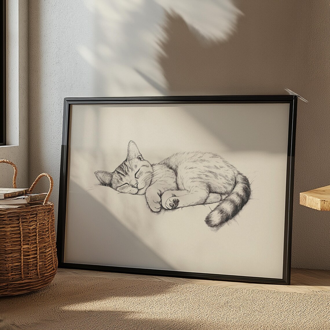 Sleeping Tabby Cat Curled Up Cozy Fine Line Art Sketch Poster - Image 3