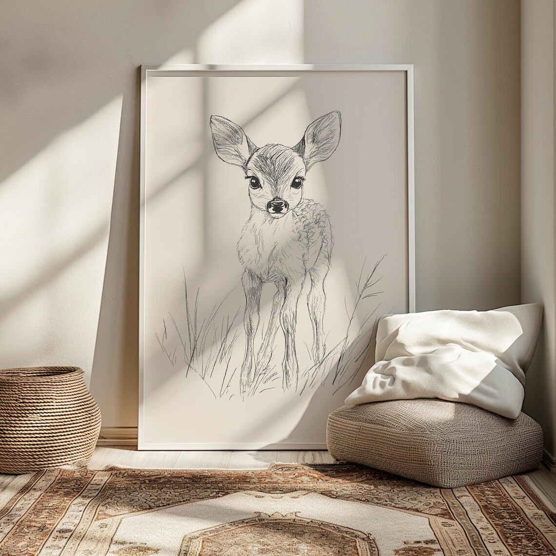 Baby Deer Fawn Standing in Grass Vintage Nursery Sketch Poster - Image 3
