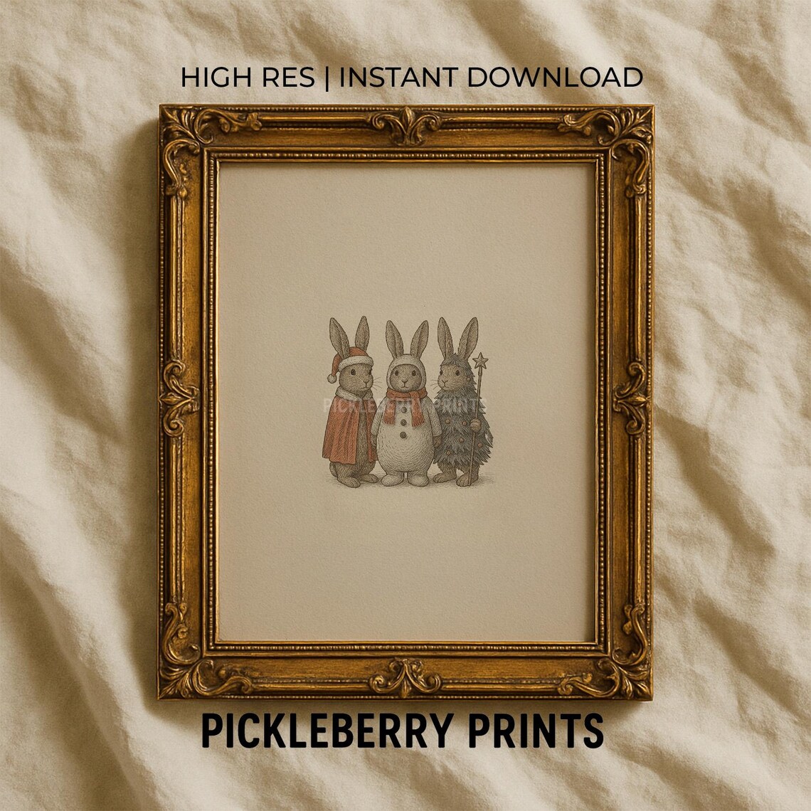 Cute Vintage Christmas Bunny Trio Woodland Sketch Art Poster