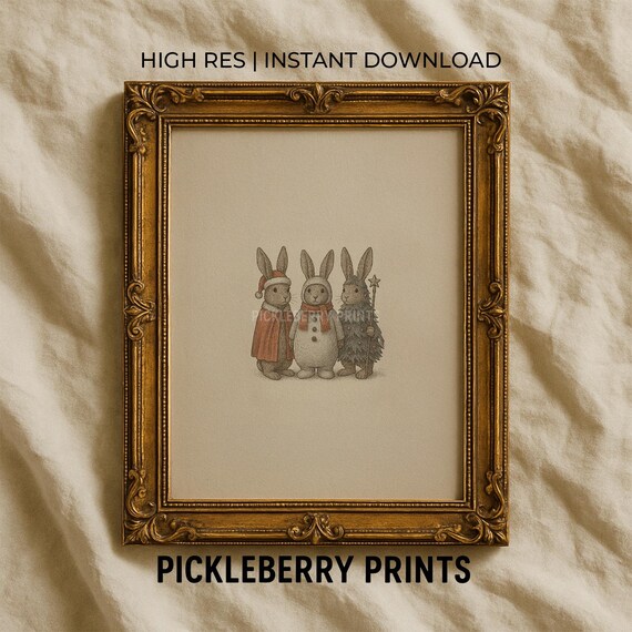 Cute Vintage Christmas Bunny Trio Woodland Sketch Art Poster