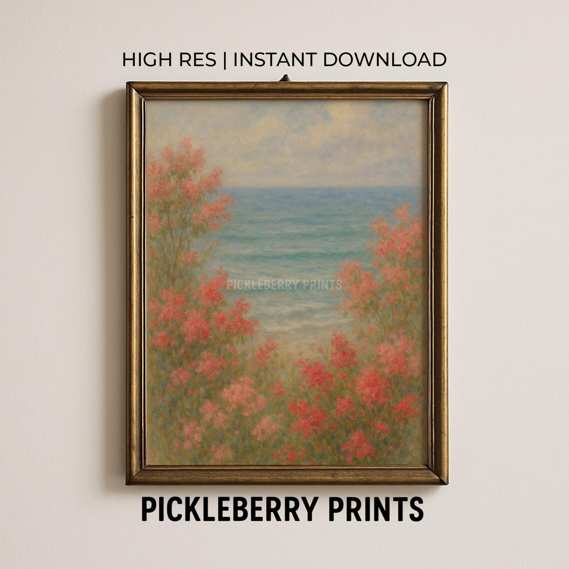 Coral Wildflowers Overlooking Turquoise Sea Impressionist Art Poster