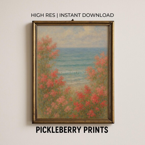 Coral Wildflowers Overlooking Turquoise Sea Impressionist Art Poster