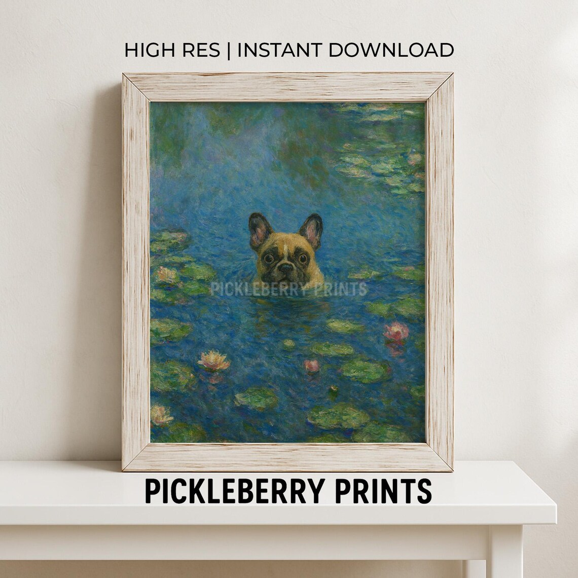 French Bulldog Swimming Among Water Lilies Impressionist Dog Poster