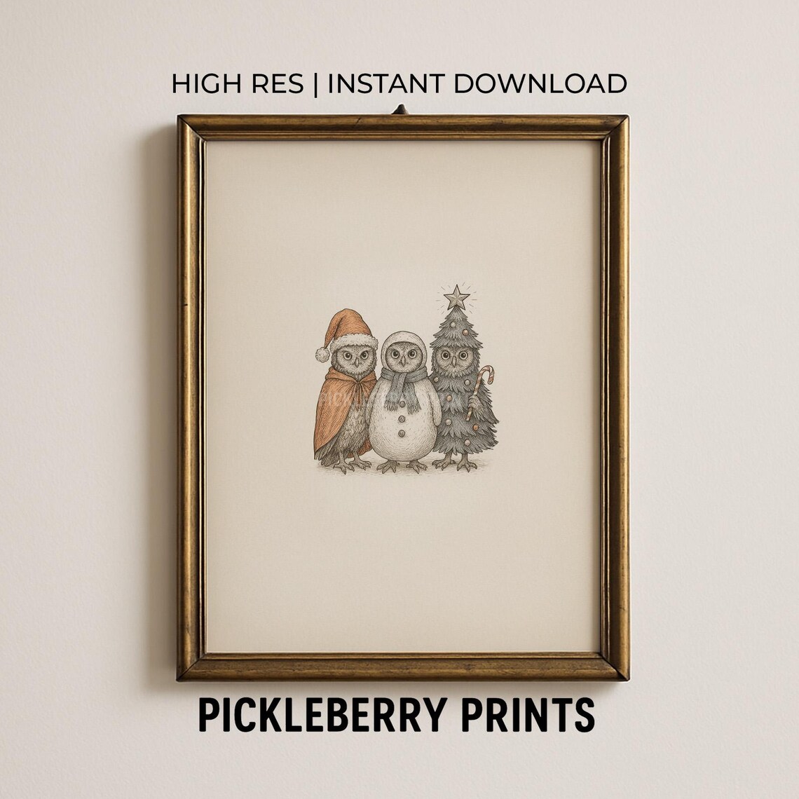 Charming Vintage Christmas Owls Trio Woodland Sketch Art Poster