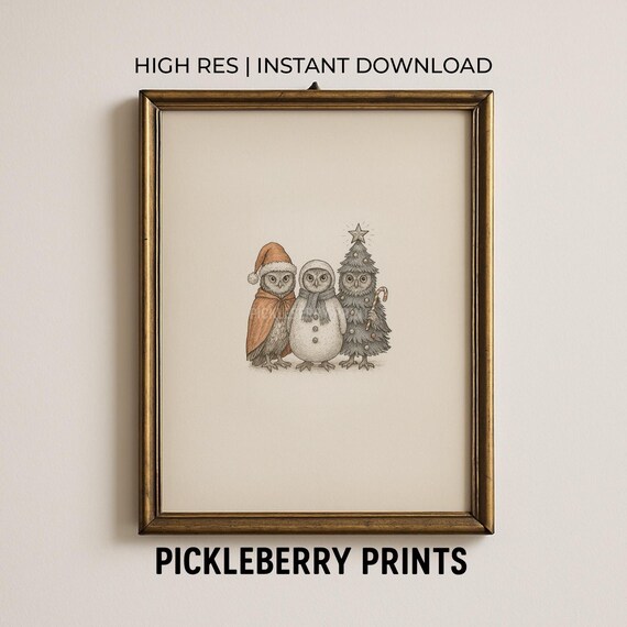 Vintage Christmas Owl Print Cute Santa Snowman Tree Sketch Winter Wall Art Rustic Farmhouse Kitchen Nursery Decor