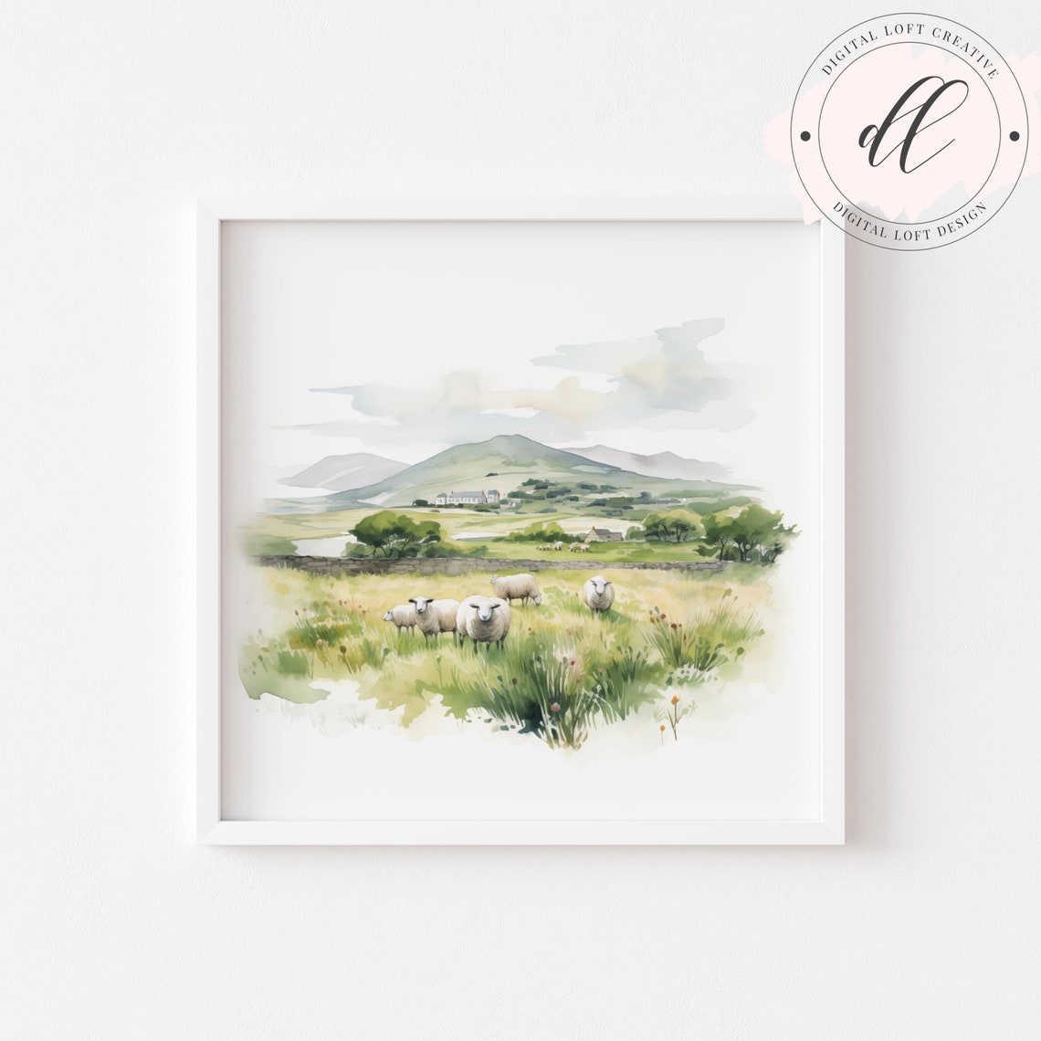 Sheep Grazing Mountain Meadow Watercolor Farm Pasture Poster - Image 2