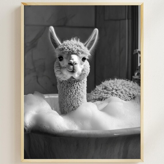 Alpaca Relaxing in a Bubble Bath Black and White Cute Animal Poster