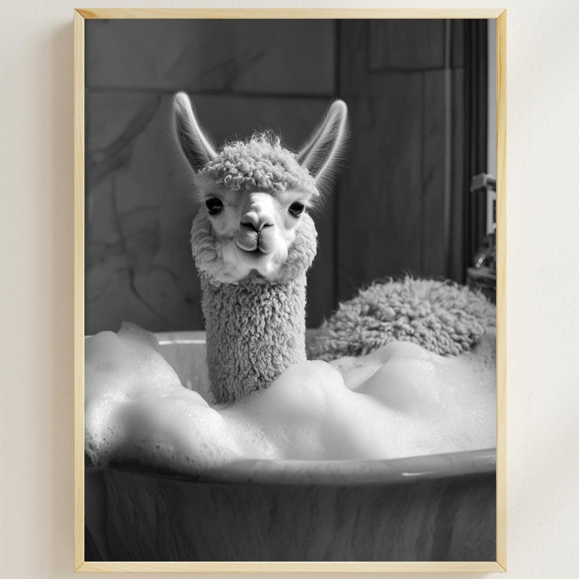 Alpaca Relaxing in a Bubble Bath Black and White Cute Animal Poster