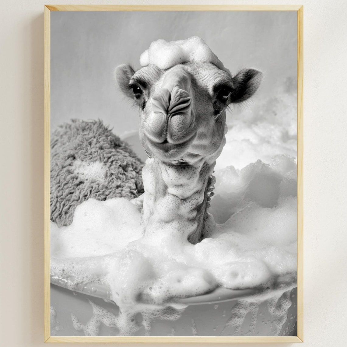 Camel Enjoying a Bubble Bath in Black and White Funny Poster