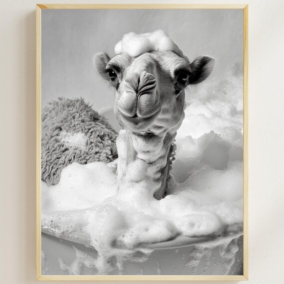 Camel Enjoying a Bubble Bath in Black and White Funny Poster