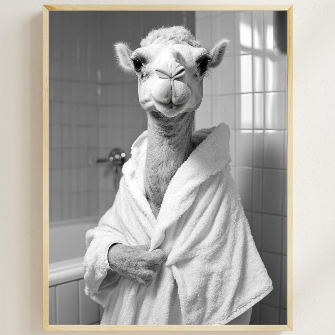 Camel In A Bathrobe Funny Black And White Bathroom Wall Poster