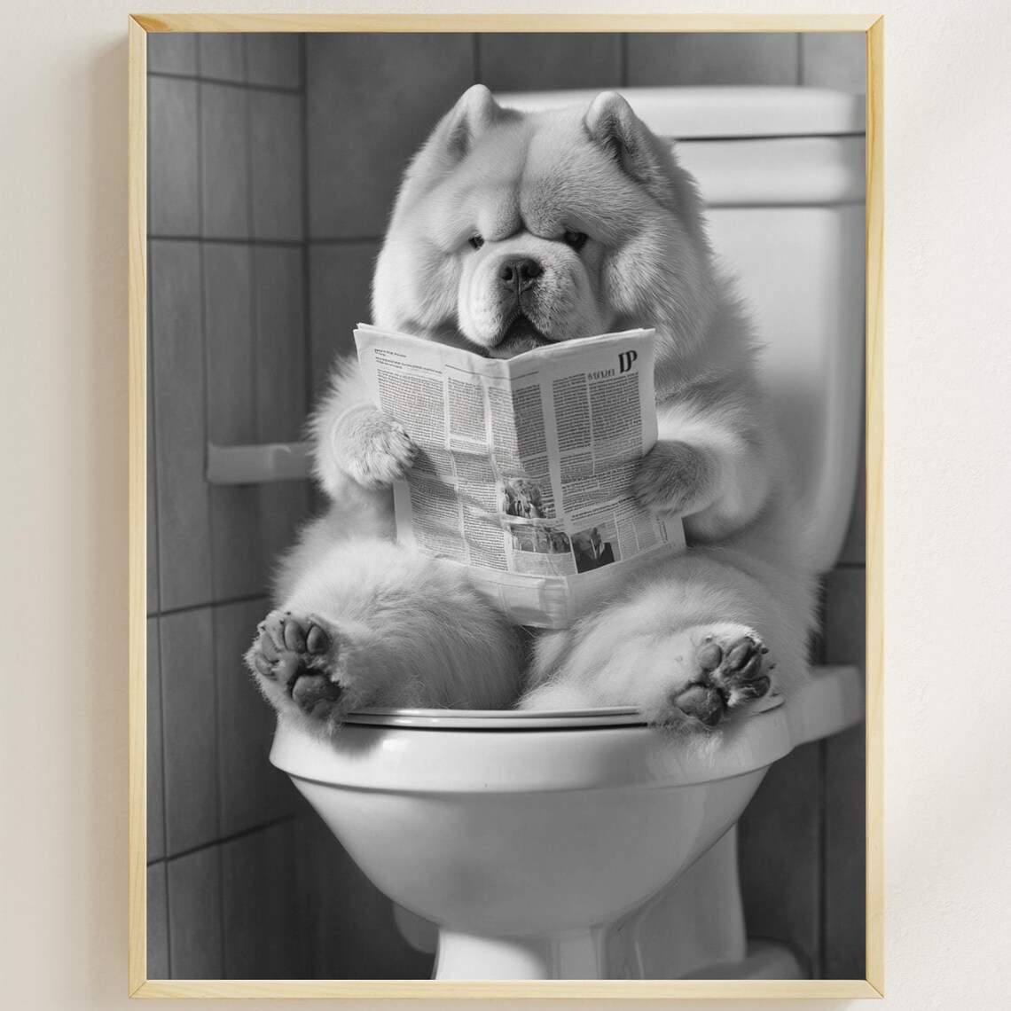 Chow Chow Puppy Reading Newspaper On The Toilet Bathroom Poster