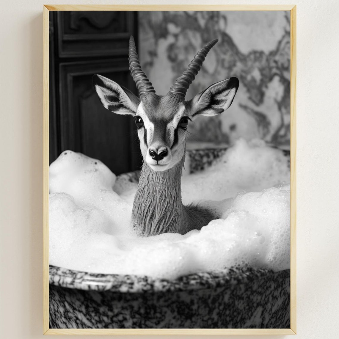 Antelope Bubble Bath Funny Black And White Bathroom Wall Poster