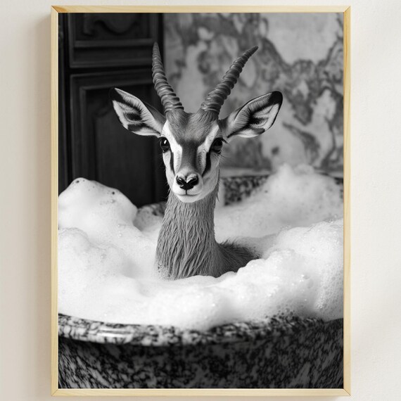 Antelope Bubble Bath Funny Black And White Bathroom Wall Poster