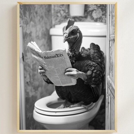 Turkey Sitting On The Toilet Reading A Newspaper Funny Bathroom Wall Decor Vintage Animal Print Quirky Home Printables Ai Art