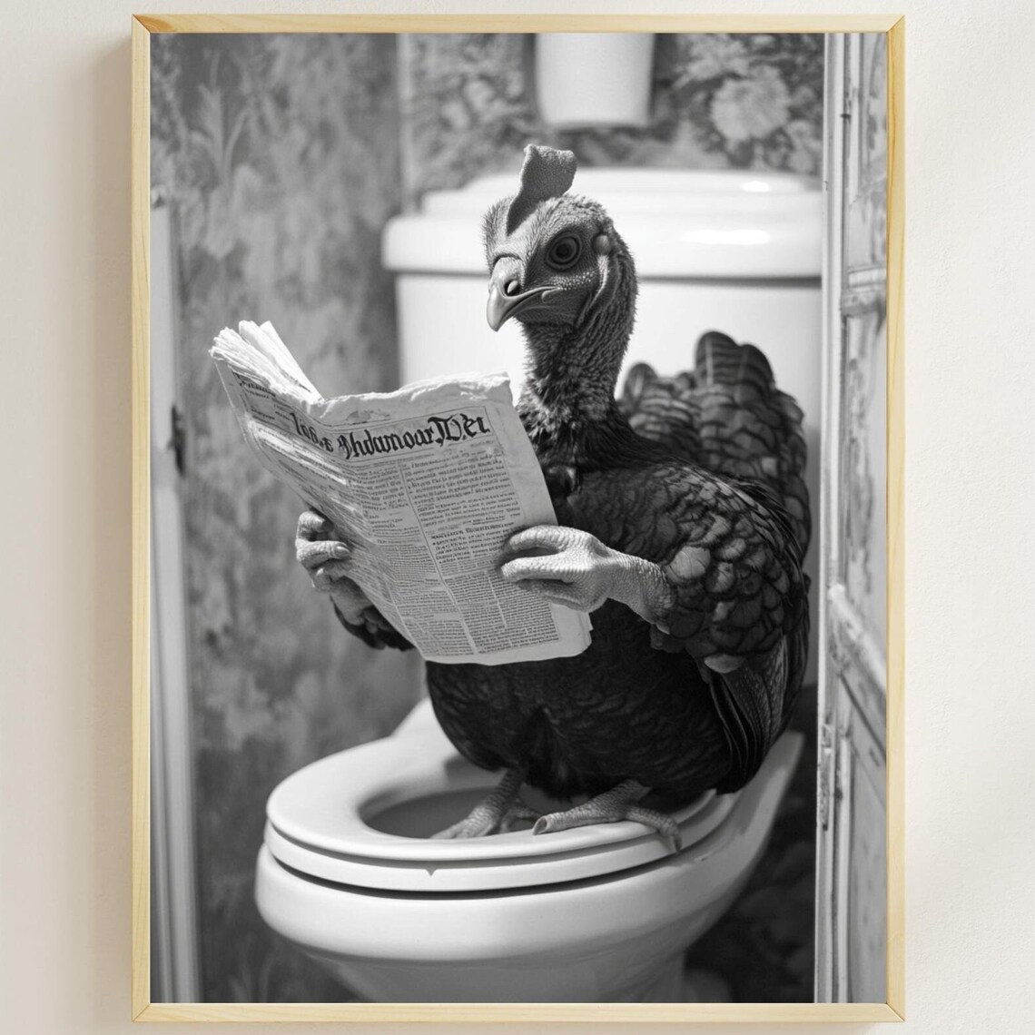 Funny Turkey on Toilet Reading Newspaper Quirky Bathroom Poster