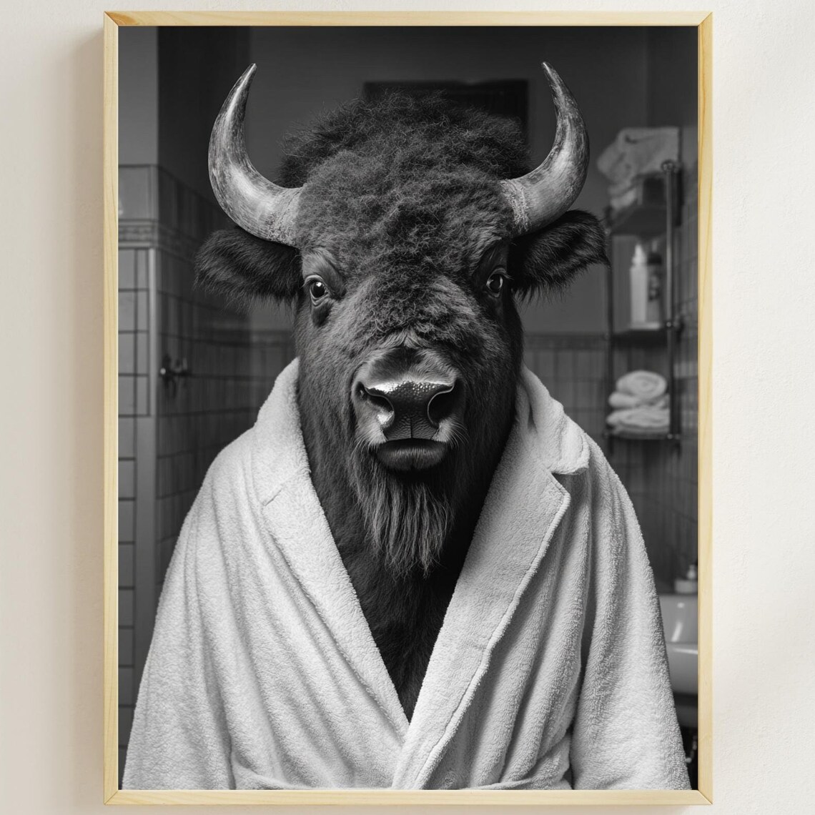 American Bison Wearing a White Bathrobe Black and White Bathroom Poster