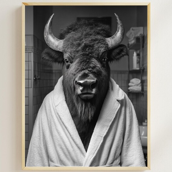 American Bison Wearing a White Bathrobe Black and White Bathroom Poster