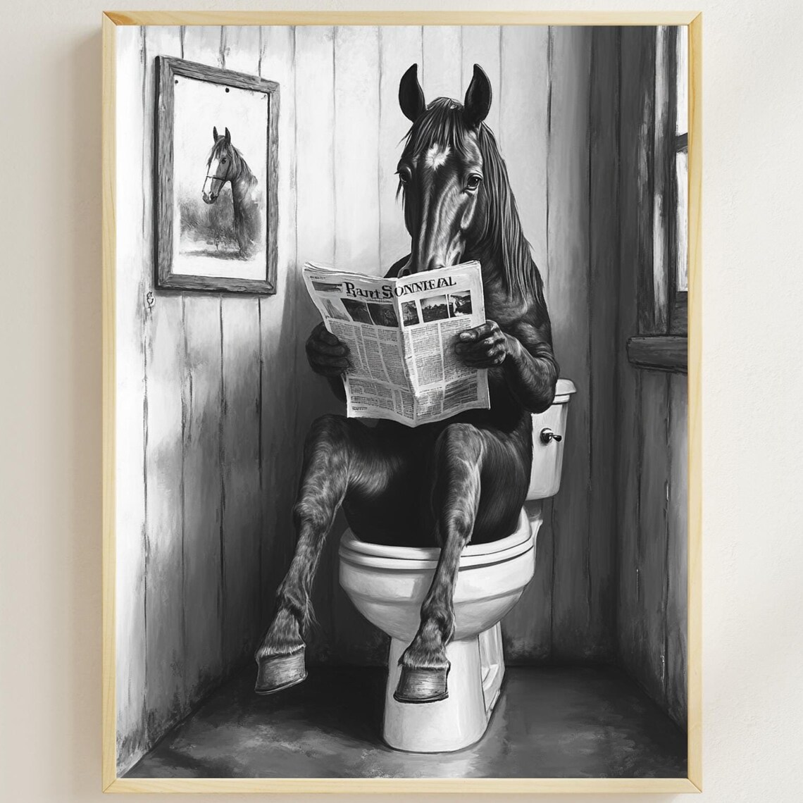 Horse Reading Newspaper On Toilet Funny Rustic Bathroom Poster