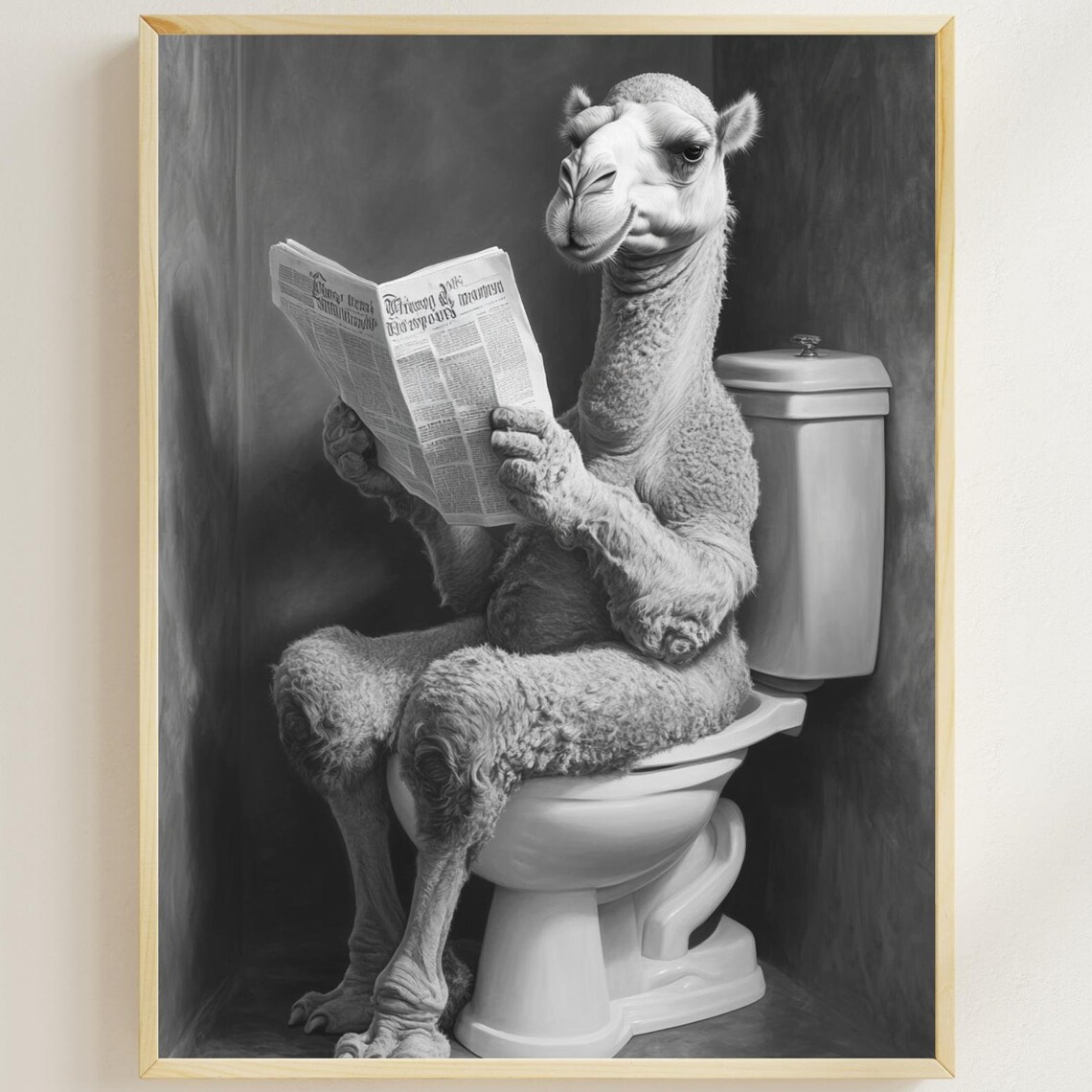 Camel Reading a Newspaper on the Toilet Black and White Bathroom Poster