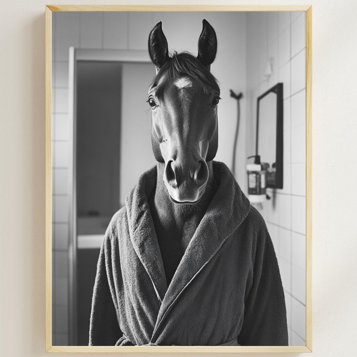 Horse In A Bathrobe Funny Bathroom Wall Art Quirky Animal Art Funny Horse In Bath Print Vintage Horse Print Animal Humor Ai Art Poster