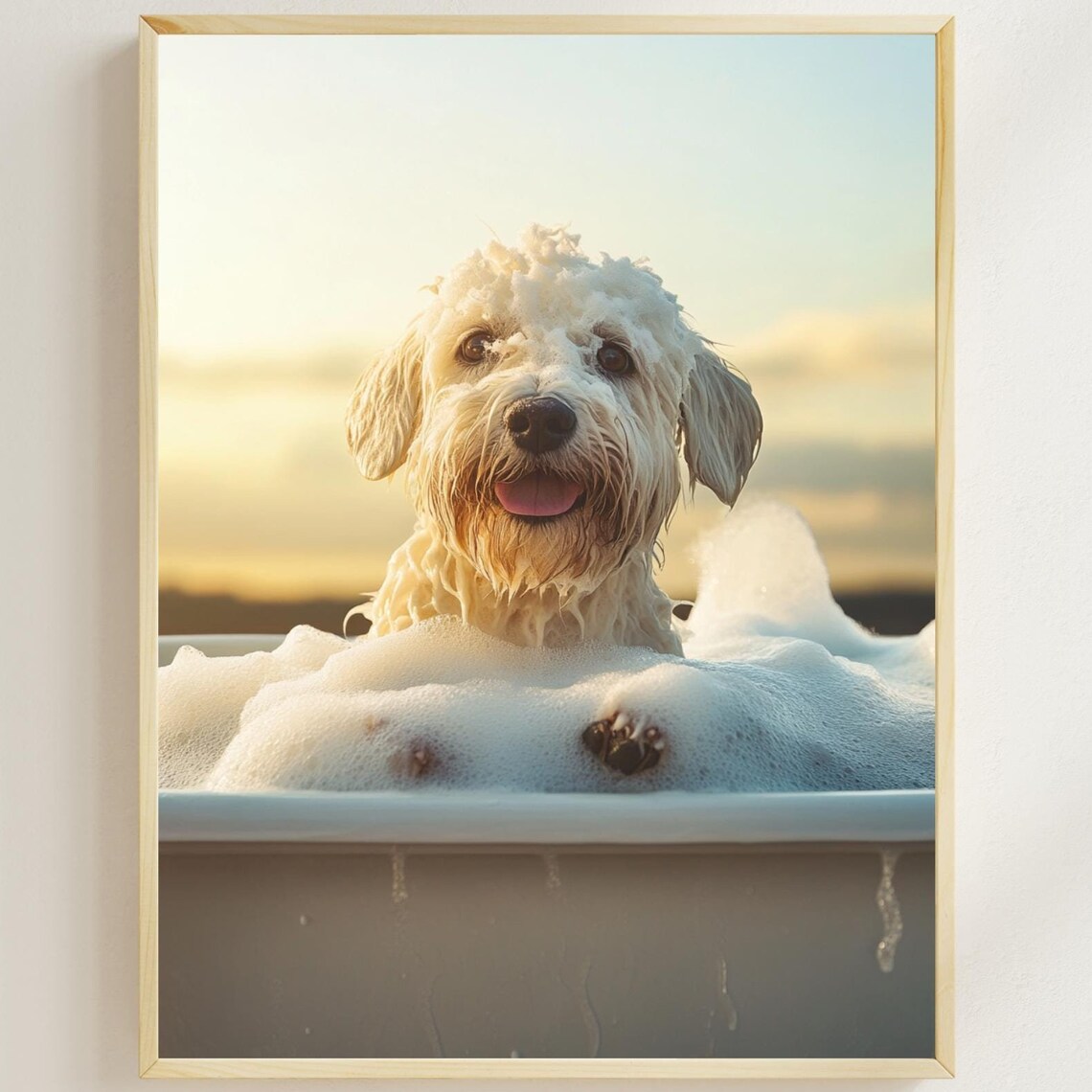 Old English Sheepdog Taking A Bubble Bath Sunset Bathroom Poster