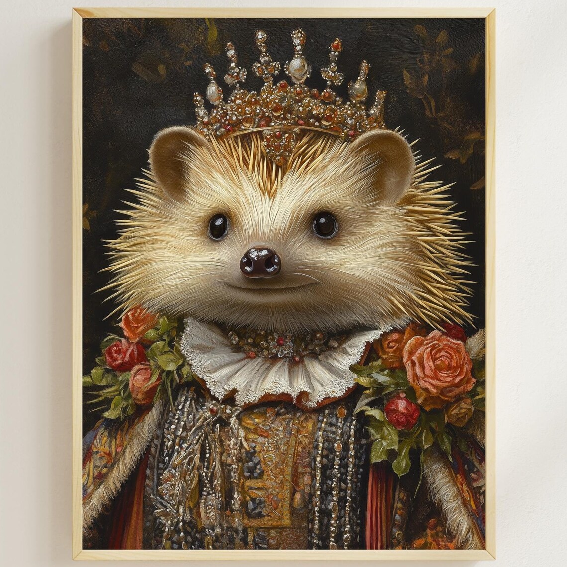 Royal Hedgehog Wearing Jeweled Crown Renaissance Portrait Print