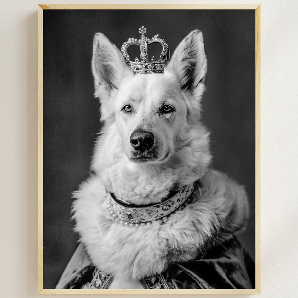 White German Shepherd King Wearing a Crown Black and White Dog Poster