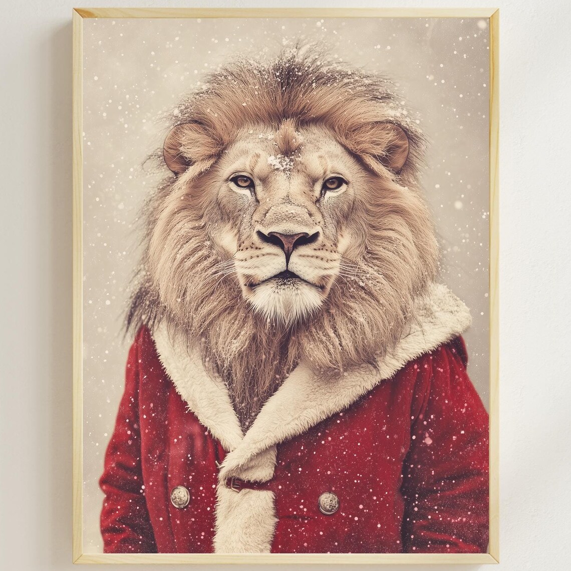 Lion Wearing a Red Santa Coat With White Fur Trim in the Snow Poster