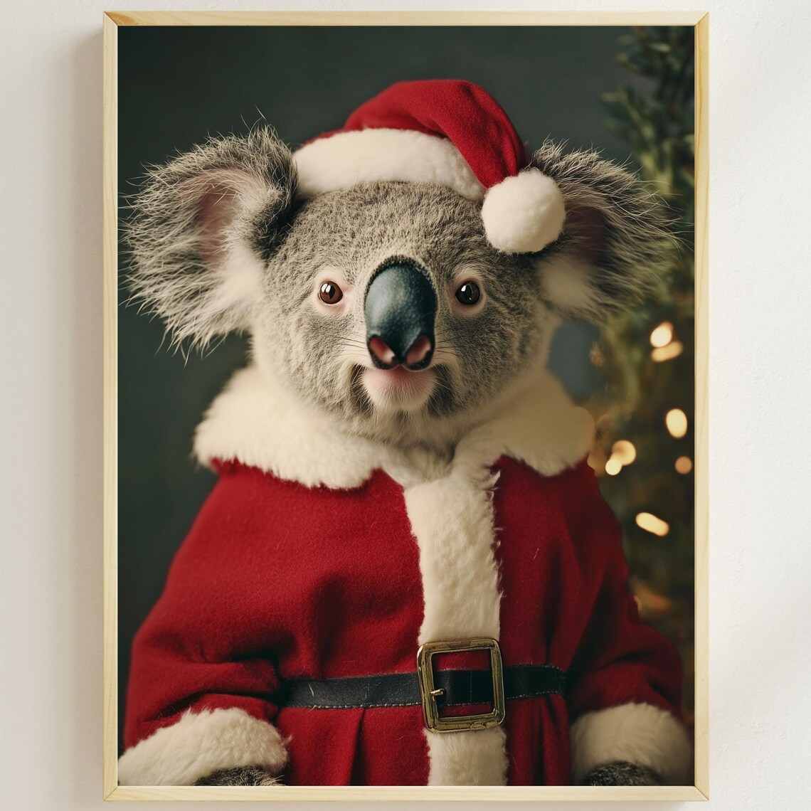 Koala Wearing Santa Hat And Red Coat Festive Christmas Poster