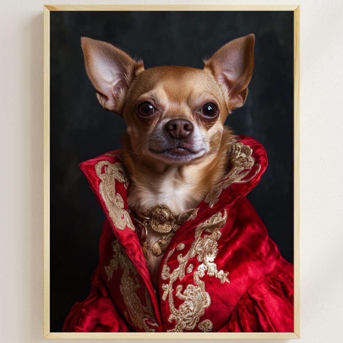 Aristocratic Chihuahua Wearing a Regal Red Embroidered Robe Poster