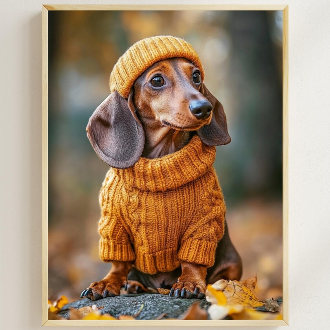 Dachshund in Mustard Knit Sweater Autumn Fall Pet Portrait Poster