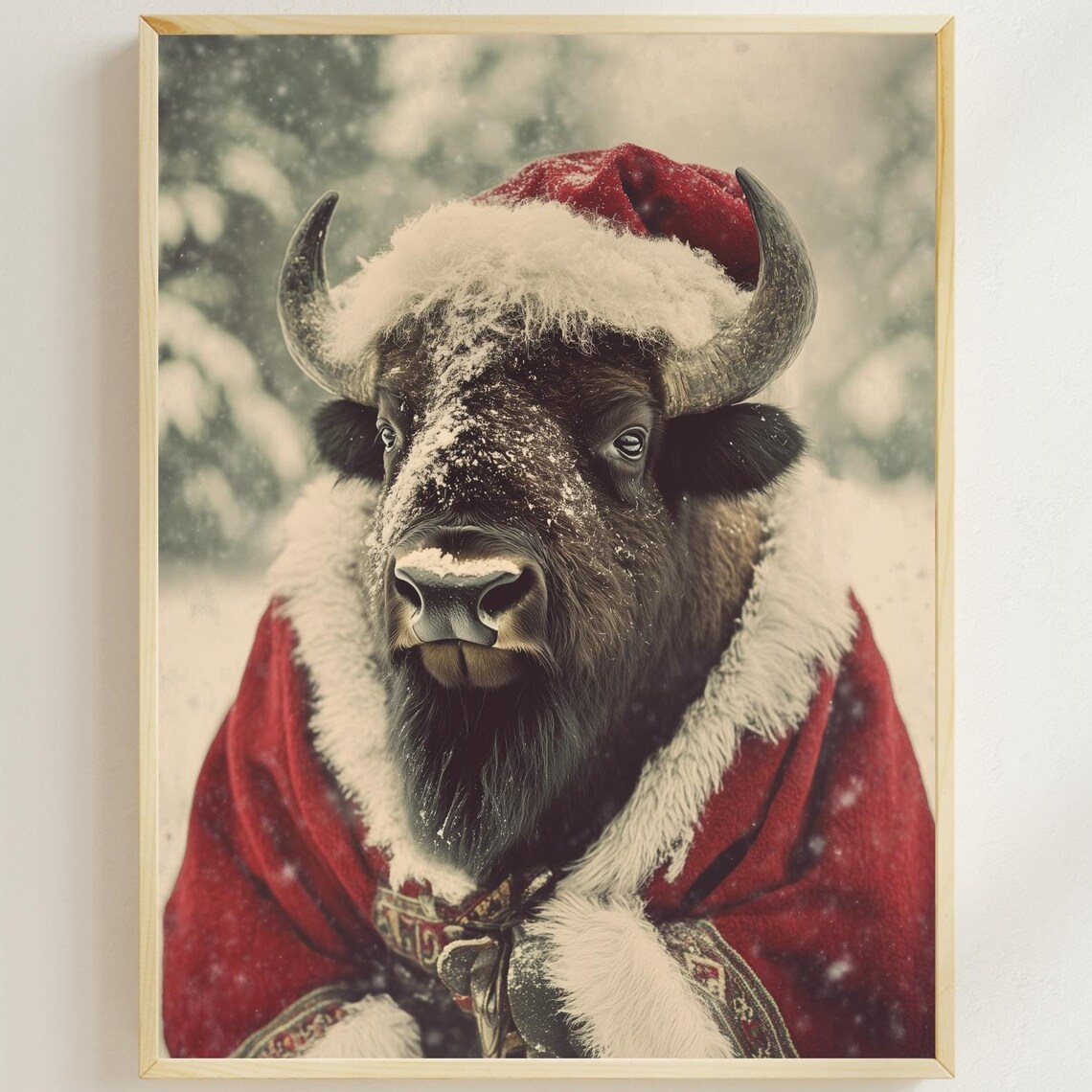 Bison Wearing Santa Hat And Red Coat Festive Christmas Poster