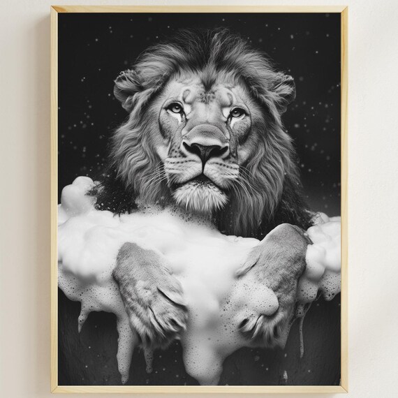 Lion Taking a Bubble Bath in Black and White Bathroom Poster
