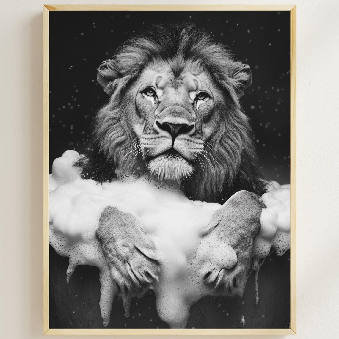 Lion Taking a Bubble Bath in Black and White Bathroom Poster
