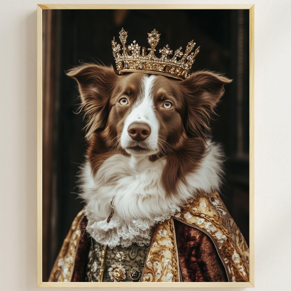 Regal Herding Dog Wearing Golden Crown Baroque Portrait Poster