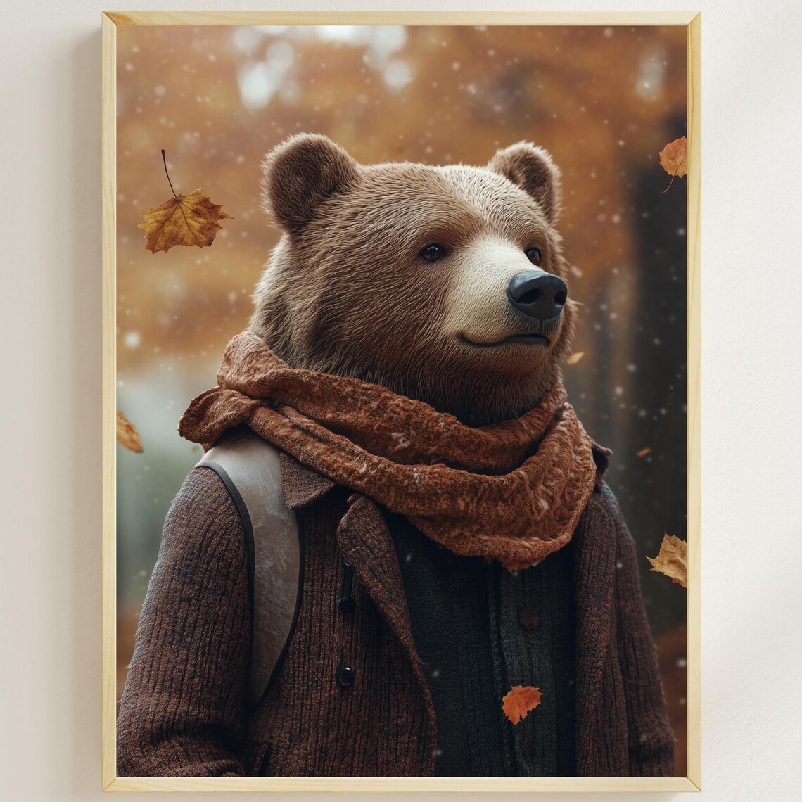 Cute Bear in Fall Coat Scarf Autumn Leaves Whimsical Art Poster
