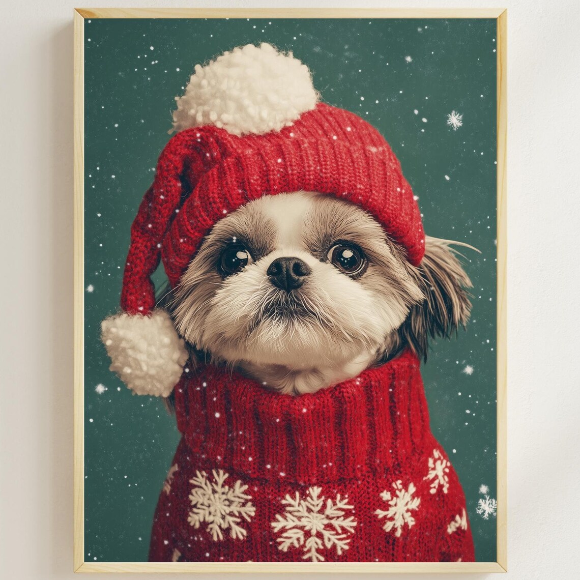 Cozy Christmas Puppy in a Red Knit Hat and Snowflake Sweater Poster