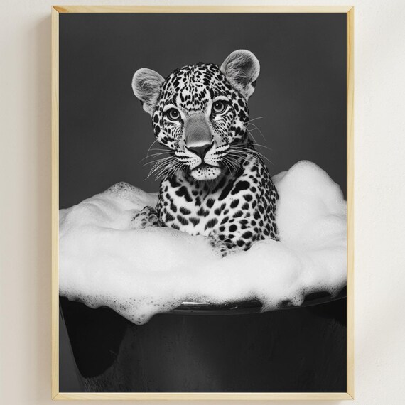 Leopard in a Bubble Bath Black and White Funny Animal Poster