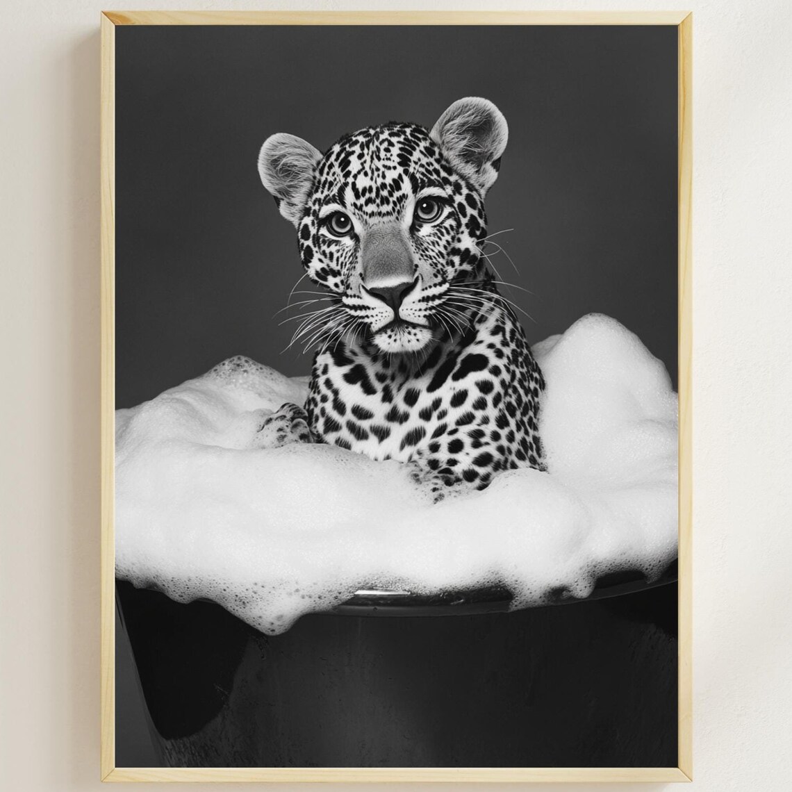 Leopard in a Bubble Bath Black and White Funny Animal Poster