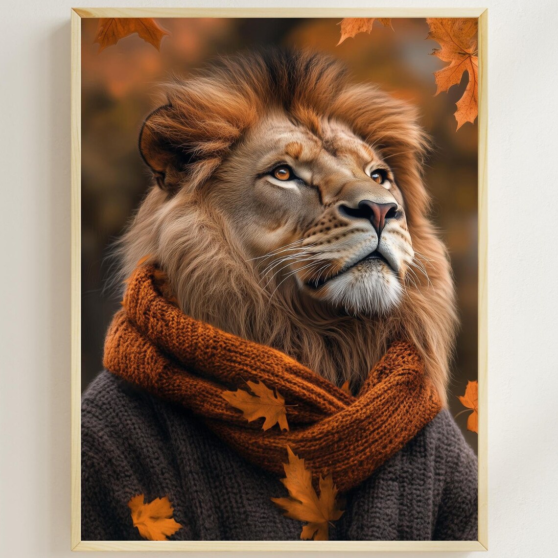Lion in Knit Scarf Autumn Leaves Fall Wildlife Portrait Poster