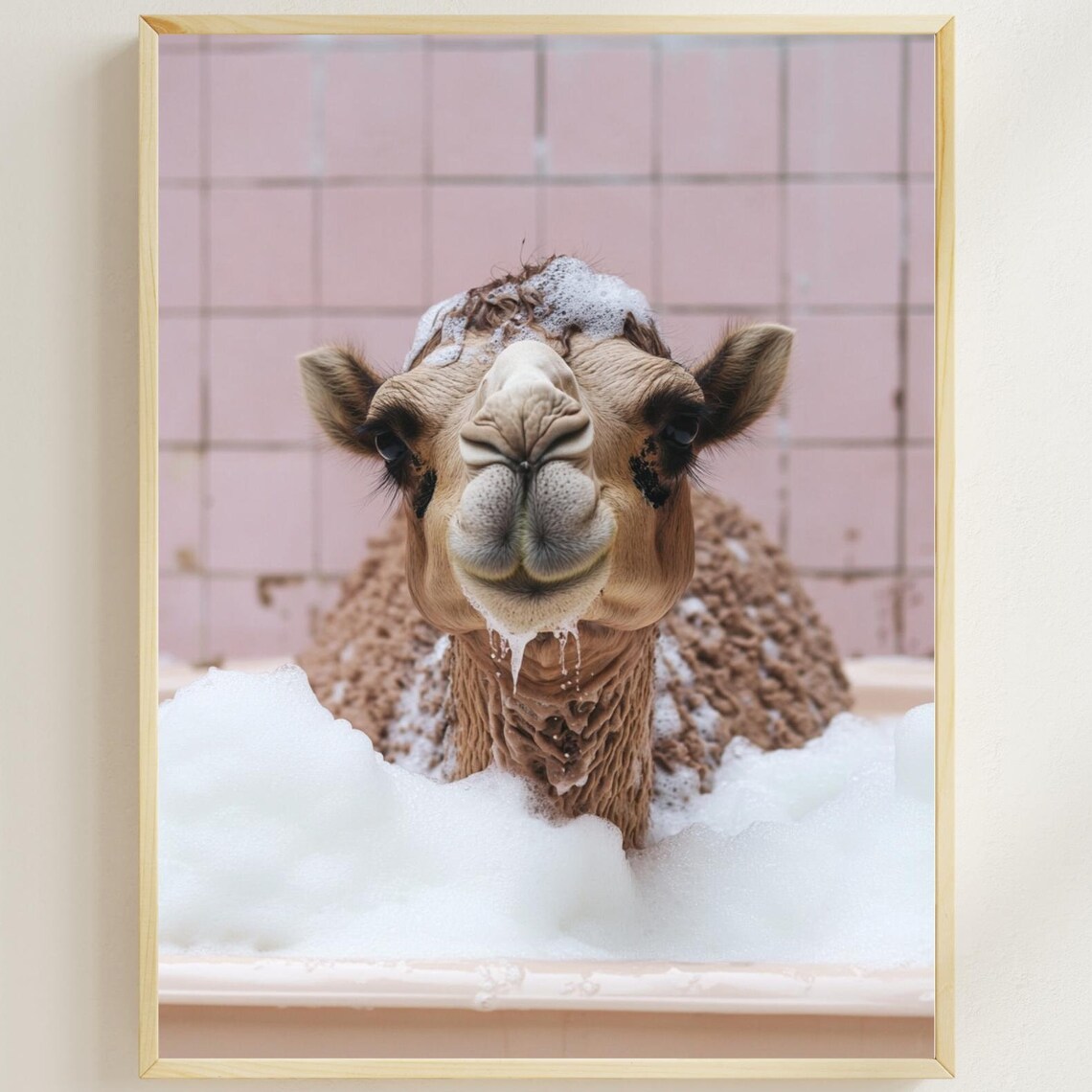 Camel in a Bubble Bath with Pink Tiles Funny Animal Bathroom Poster