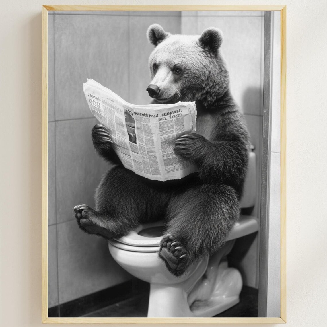Bear On Toilet Reading Newspaper, Bathroom Poster