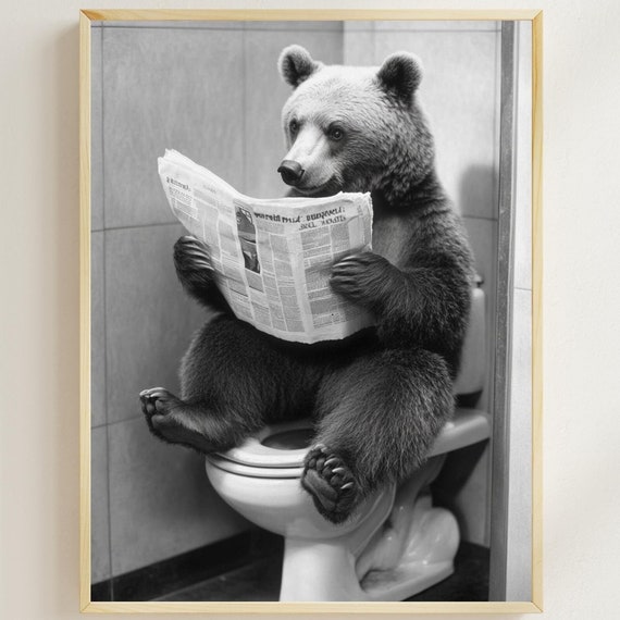 Bear On Toilet Reading Newspaper, Bathroom Poster