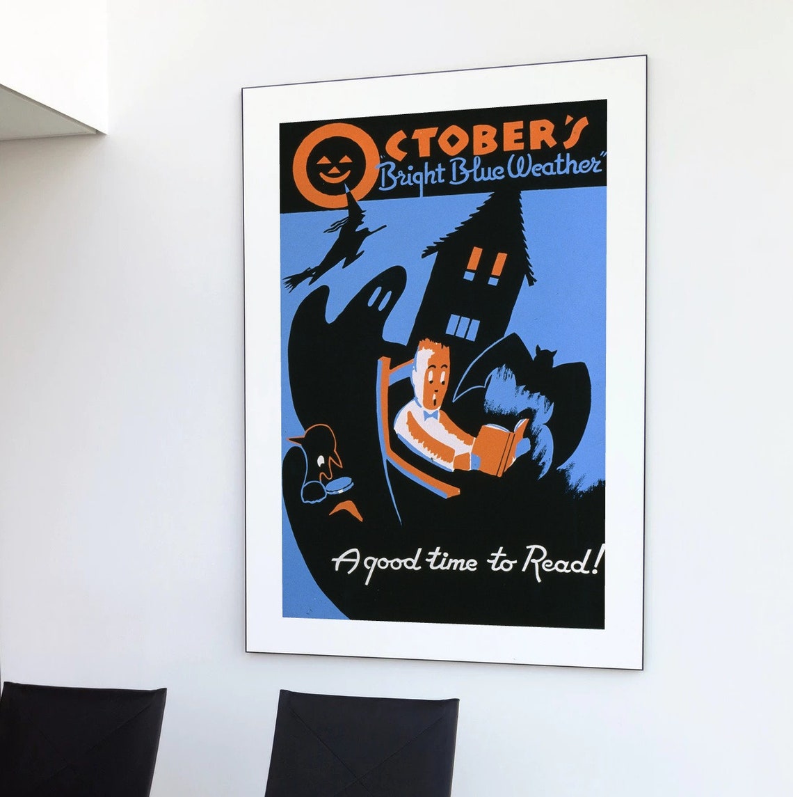 October Bright Blue Weather Reading Halloween Library Vintage Poster - Image 2