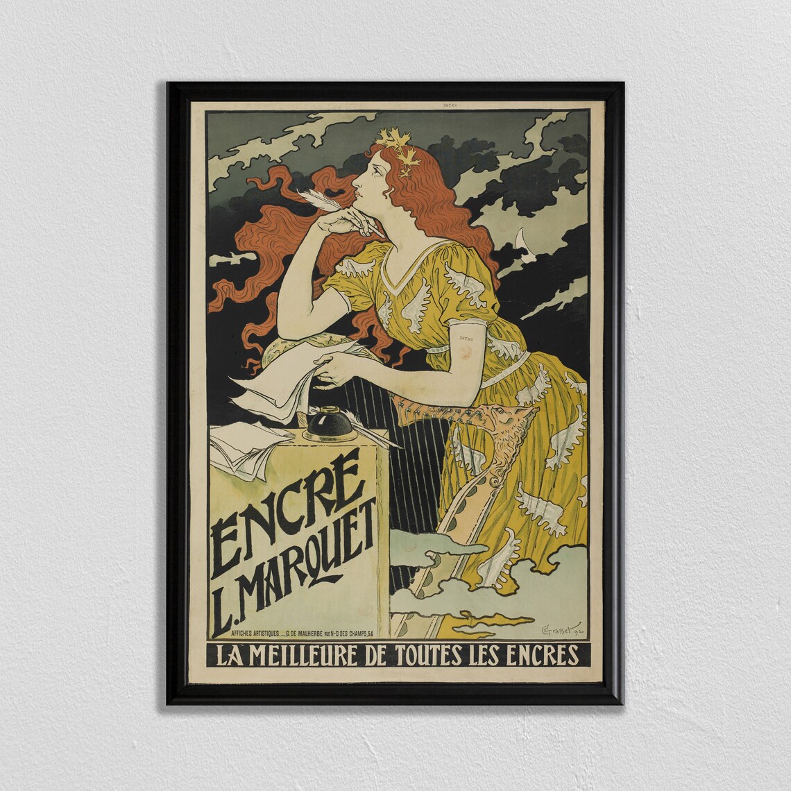 Encre L Marquet Vintage Ink Advertisement Art Nouveau Woman Poster